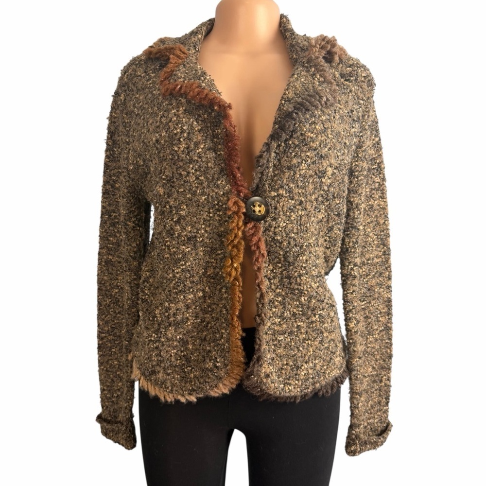 Coldwater Creek Rustic Boho Brown Wool Blend Knit Tweed Cardigan